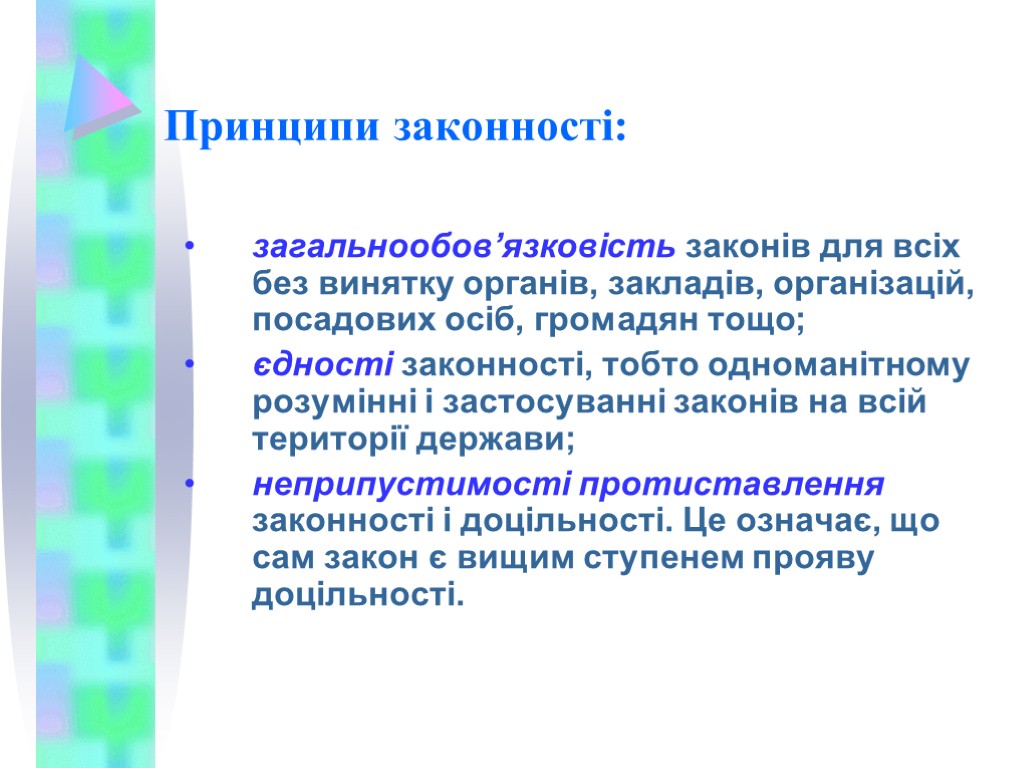 Принципи законності: загальнообов’язковість законів для всіх без винятку органів, закладів, організацій, посадових осіб, громадян